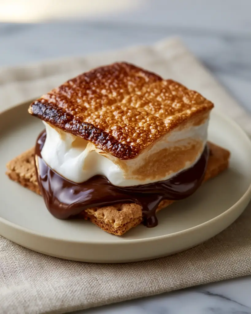 A compressed s'more showing a warm gooey white center bursting out with a soft stretchy pull.