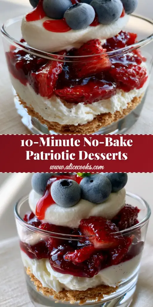 A vertical shot of elegant layered No-Bake Fourth of July Desserts in glass cups with strawberries and blueberries.