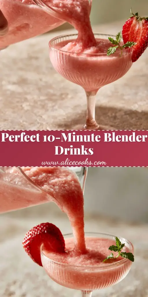 Alcoholic Slushies: The Ultimate Velvet Strawberry Frosé 4 A tall ribbed glass filled with a thick pastel pink strawberry frosé garnished with a mint sprig. (alcoholic slushies)