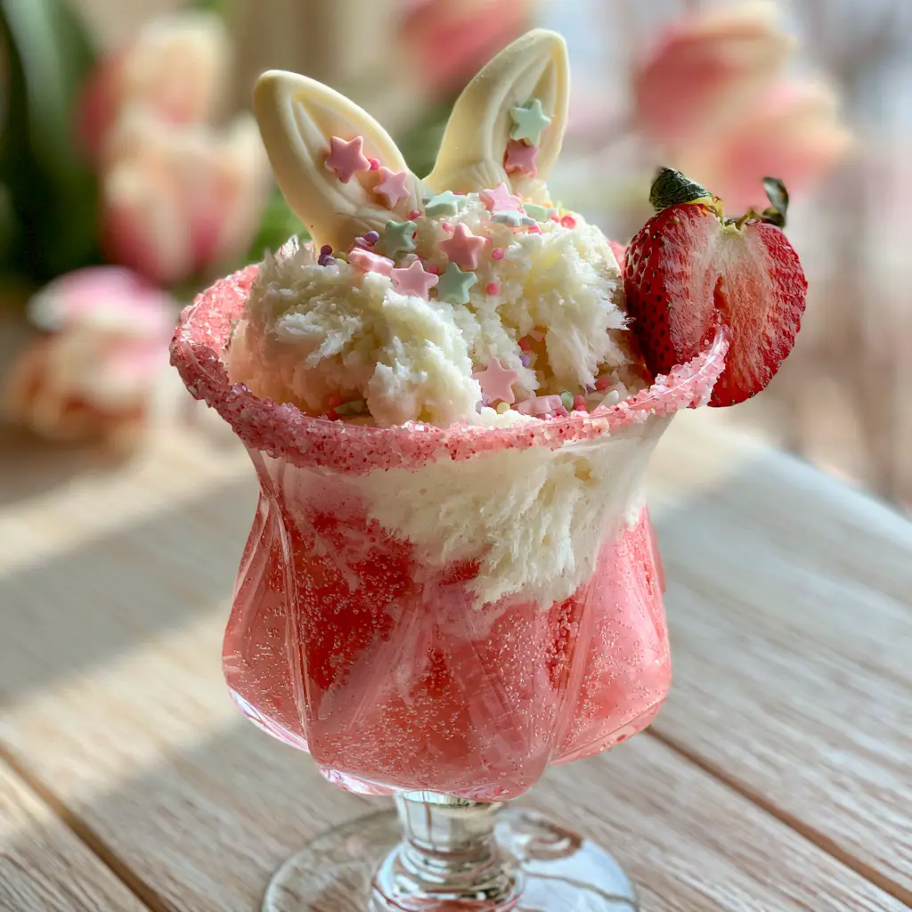 Detail shot of the white chocolate bunny ears and pastel star sprinkles on top of the Easter Bunny Punch sherbet foam.
