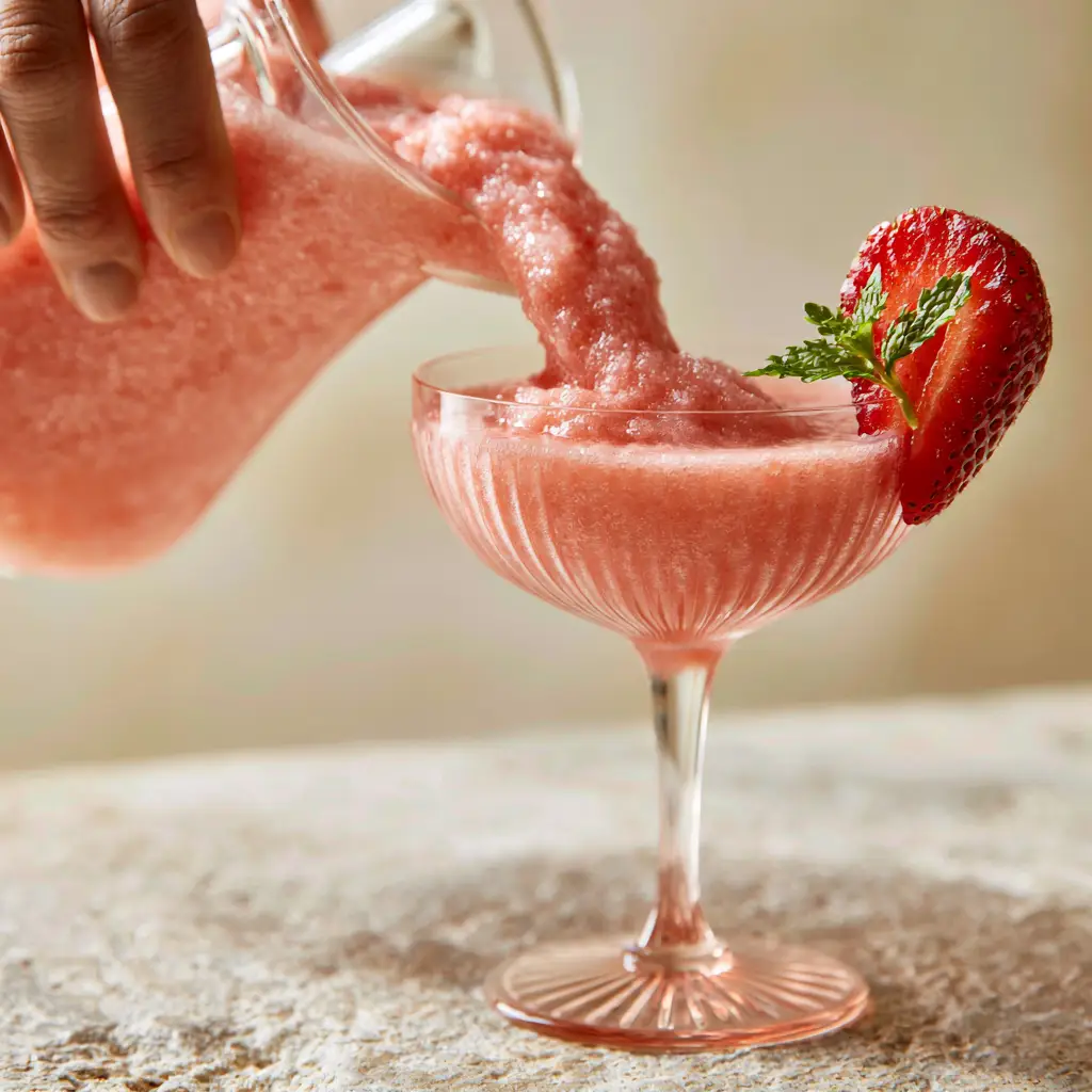 Alcoholic Slushies: The Ultimate Velvet Strawberry Frosé 2 A hand pouring a thick, velvety pastel pink frozen frose cocktail from a blender into a ribbed glass. (alcoholic slushies)