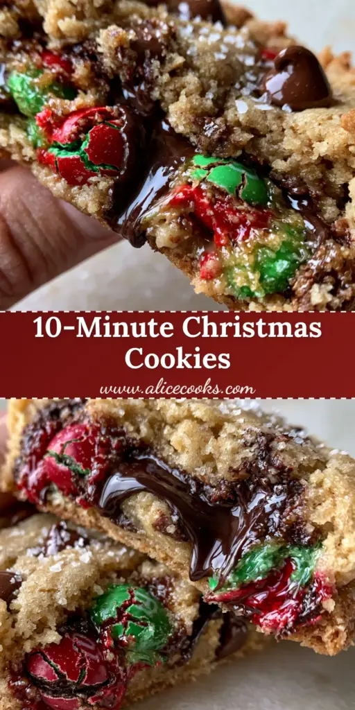 Christmas chocolate chip cookies: The Ultimate Thick and Gooey Holiday Treat 4 A stack of thick Christmas chocolate chip cookies with melted dark chocolate pools and red and green M&Ms.