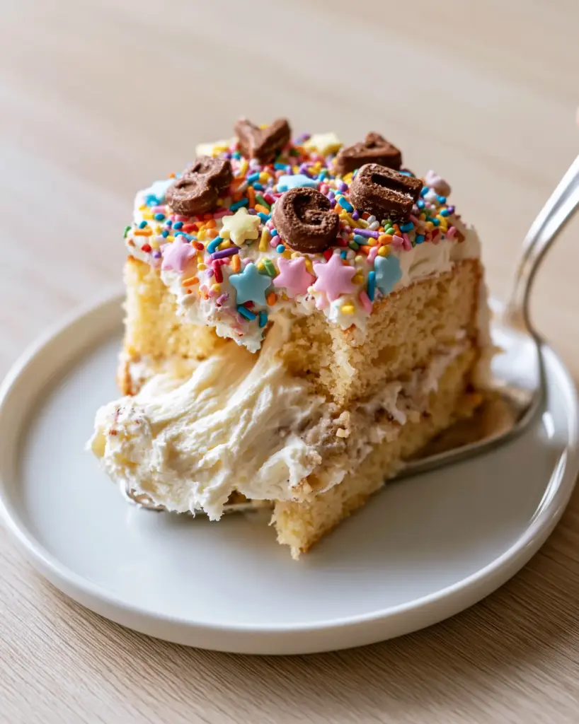 Top view of a decorated Einschulungskuchen with rainbow sprinkles and chocolate ABC cookies.
