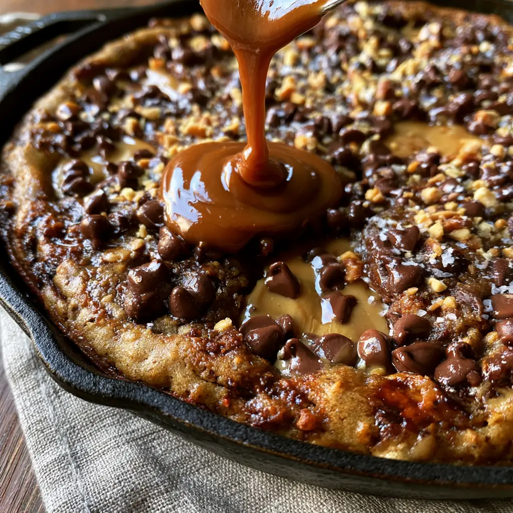 Top-down view of a giant Peanut Butter Chocolate Chip Cookie Pizza garnished with toasted peanuts and flaky sea salt in a skillet.
