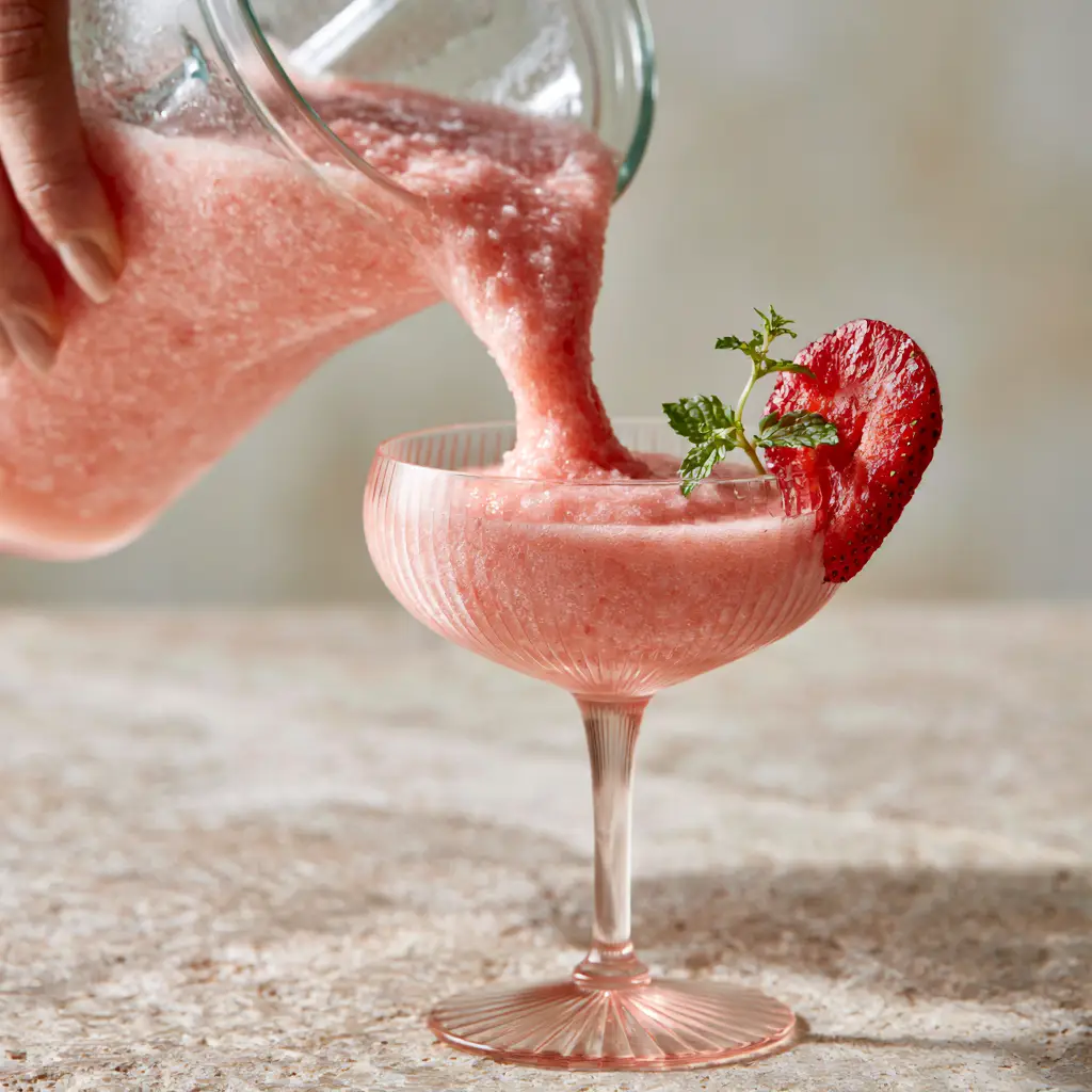 Alcoholic Slushies: The Ultimate Velvet Strawberry Frosé 1 A close up of a perfectly frozen strawberry alcoholic slushy in a ribbed glass with condensation.