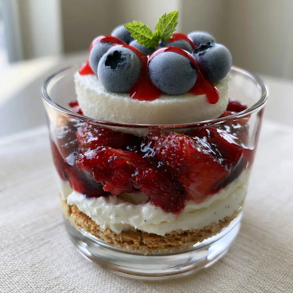 Close up of the top of a No-Bake Fourth of July Dessert with blueberries, strawberry syrup, and a mint leaf.