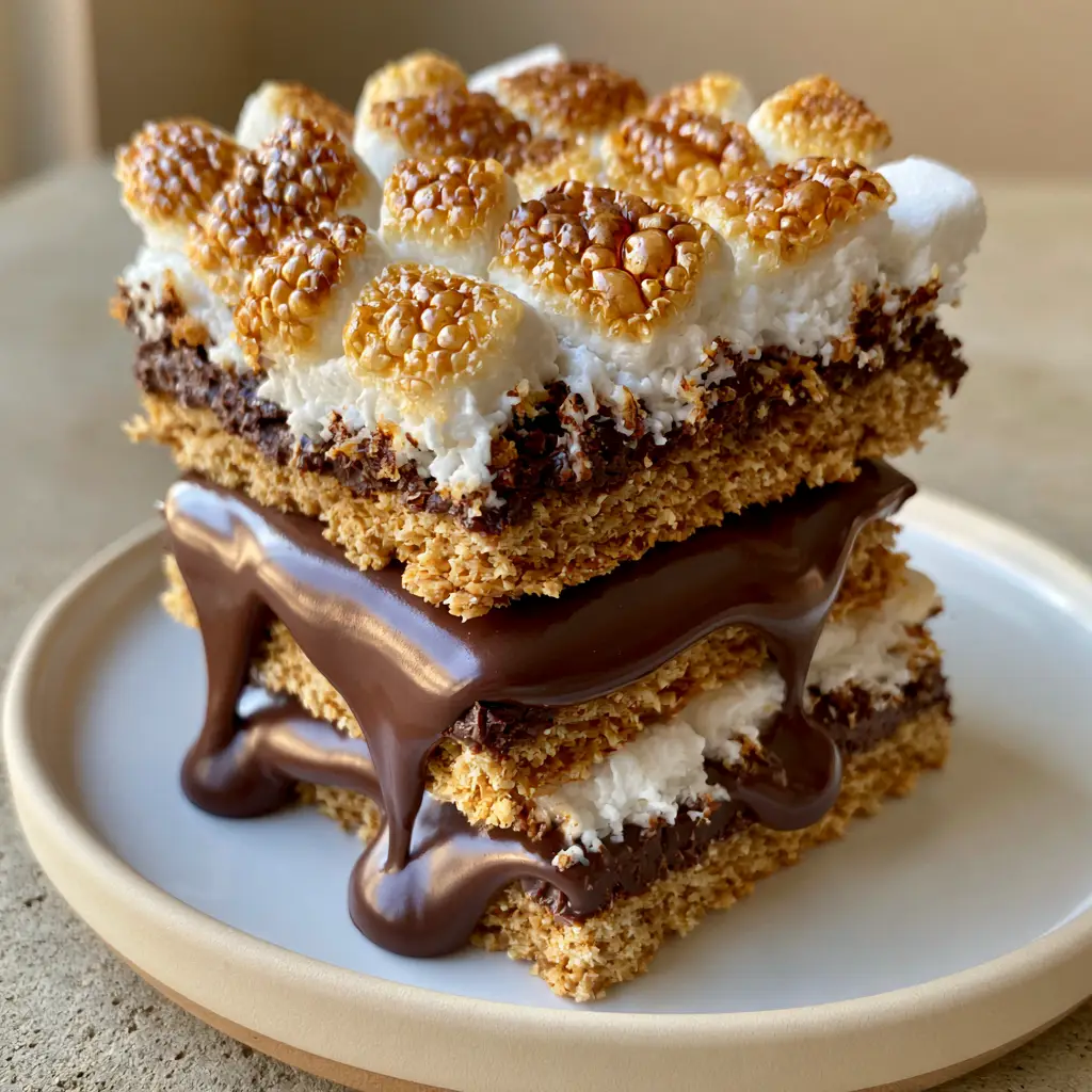Close up of s'mores bars showing the thick, slow-dripping melted milk chocolate layer and caramelized marshmallows.