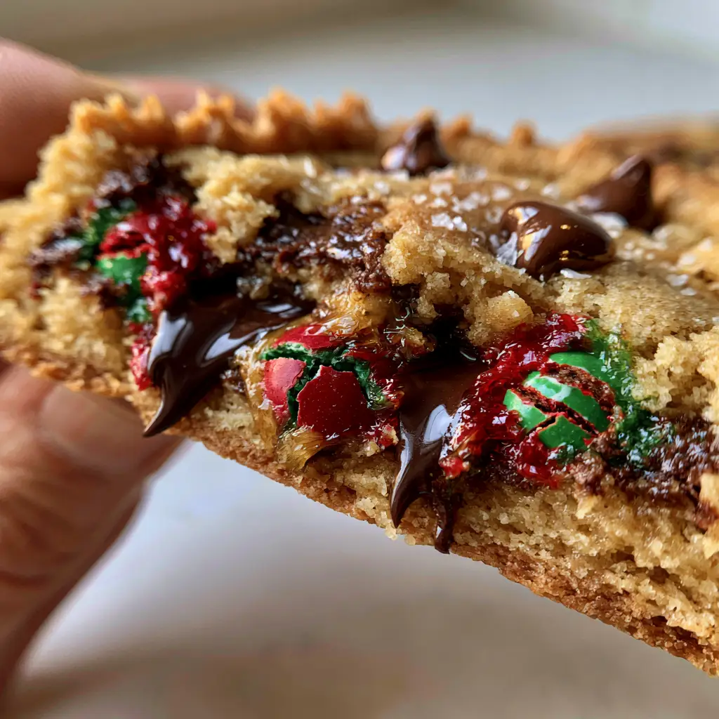 Christmas chocolate chip cookies: The Ultimate Thick and Gooey Holiday Treat 2 Close up photo of a warm Christmas chocolate chip cookie being pulled apart showing a gooey center.