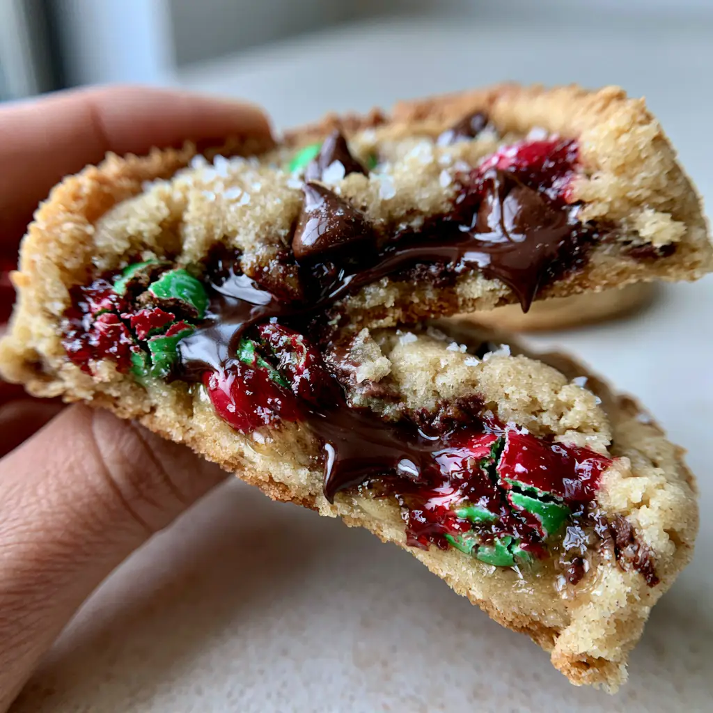 Christmas chocolate chip cookies: The Ultimate Thick and Gooey Holiday Treat 1 A thick bakery-style Christmas chocolate chip cookie with cracked red and green candies and sea salt on a counter.