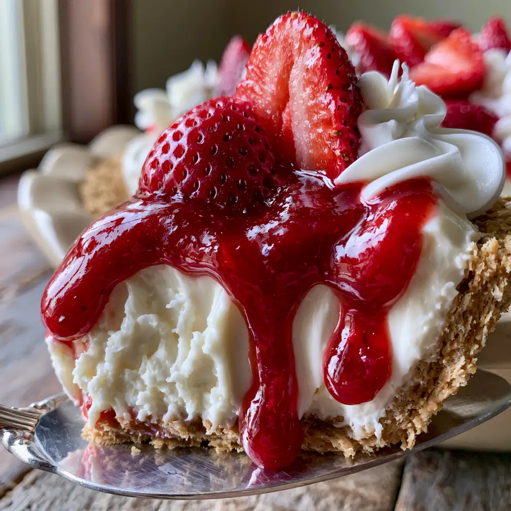 Close-up of a rustic graham cracker crust and creamy white filling decorated with fresh strawberries. (Summer pie recipes)