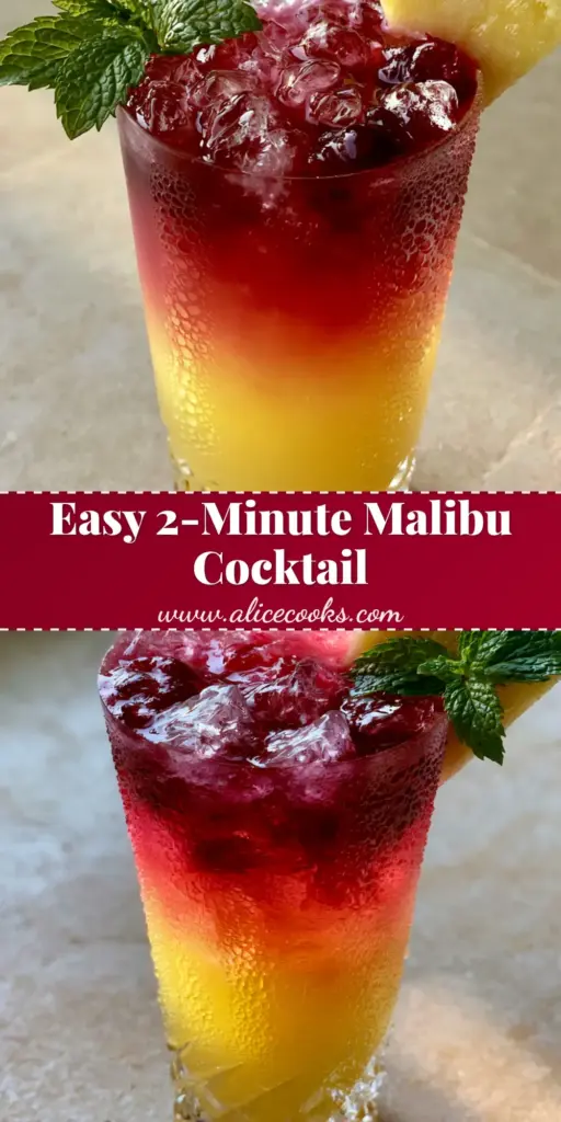 A stunning Malibu Bay Breeze Cocktail in a tall crystal glass with golden and crimson layers, garnished with pineapple and mint.