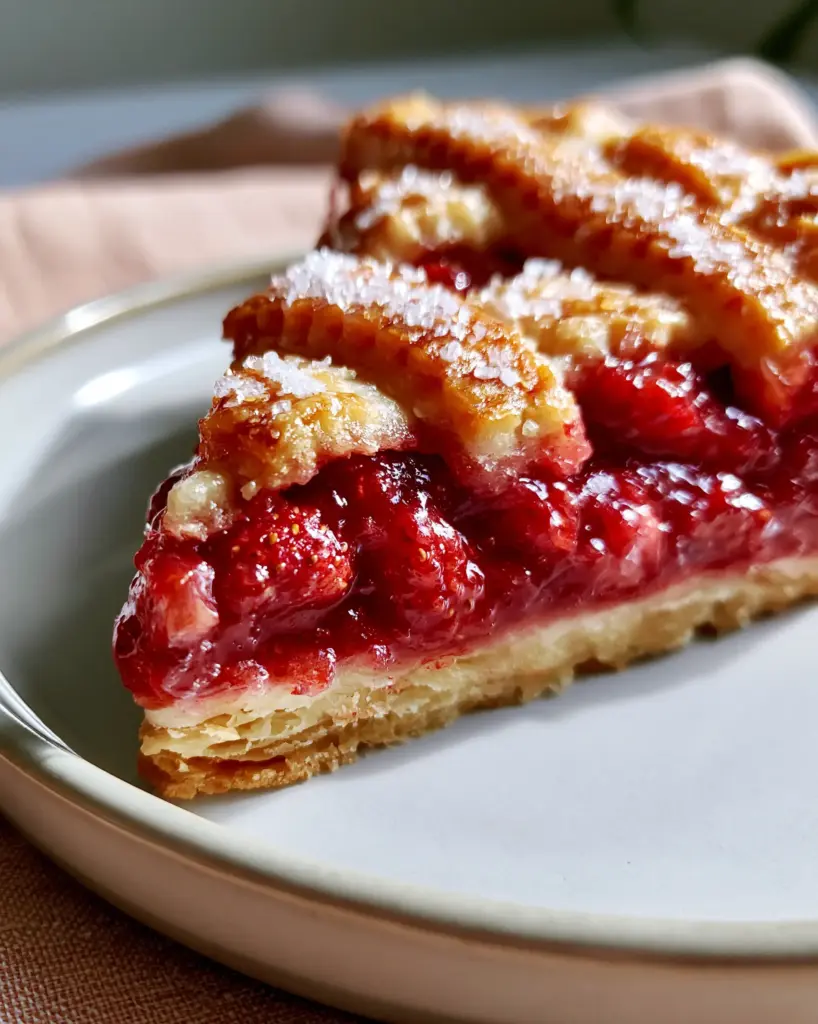 Top view of a slice of strawberry rhubarb pie on a minimalist ceramic plate with coarse sugar crystals visible.