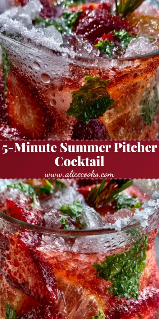 Fruity Summer Cocktail: The Ultimate Sparkling Strawberry and Charred Rosemary Spritz 4 A condensation-speckled pitcher of sparkling ruby-red fruity summer cocktail with strawberries, oranges, and charred rosemary on a sunlit wooden deck.