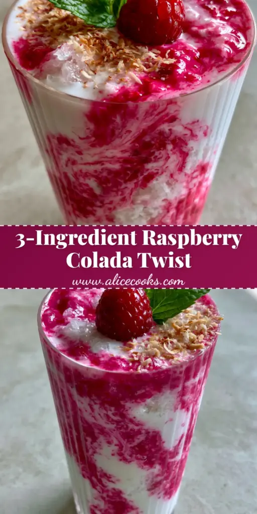 A tall ribbed glass featuring the Raspberry Colada Twist with creamy coconut and magenta raspberry swirls.