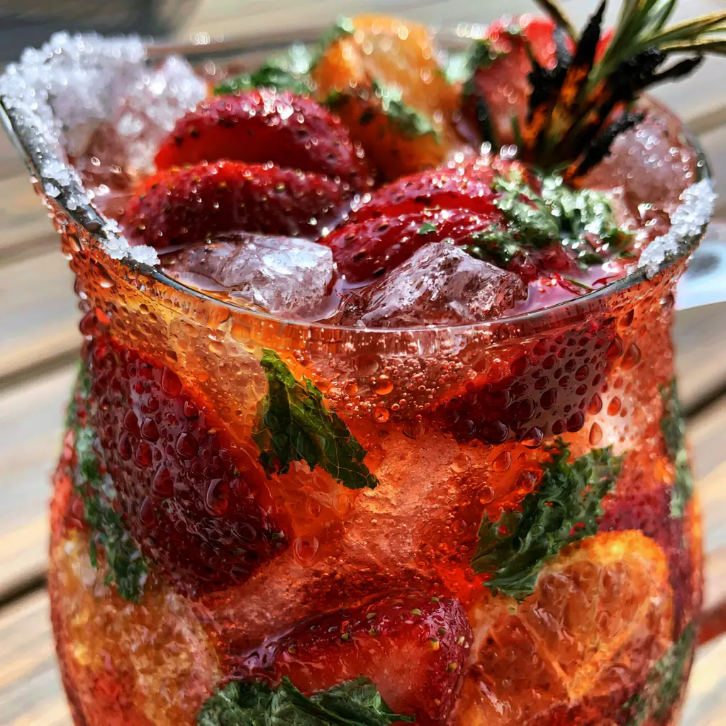 Fruity Summer Cocktail: The Ultimate Sparkling Strawberry and Charred Rosemary Spritz 2 Close-up of a sparkling ruby-red fruity summer cocktail showing crushed ice, sliced strawberries, and translucent orange wheels.