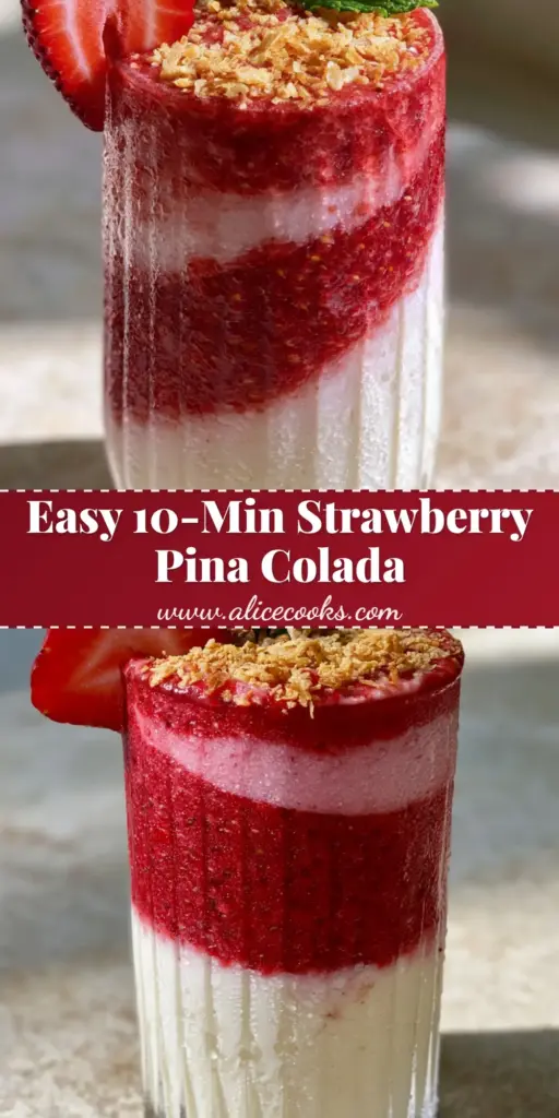 Strawberry Colada: The Ultimate Layered Tropical Escape 4 A luxury layered frozen strawberry colada in a ribbed glass with a crimson swirl, toasted coconut, and mint garnish.