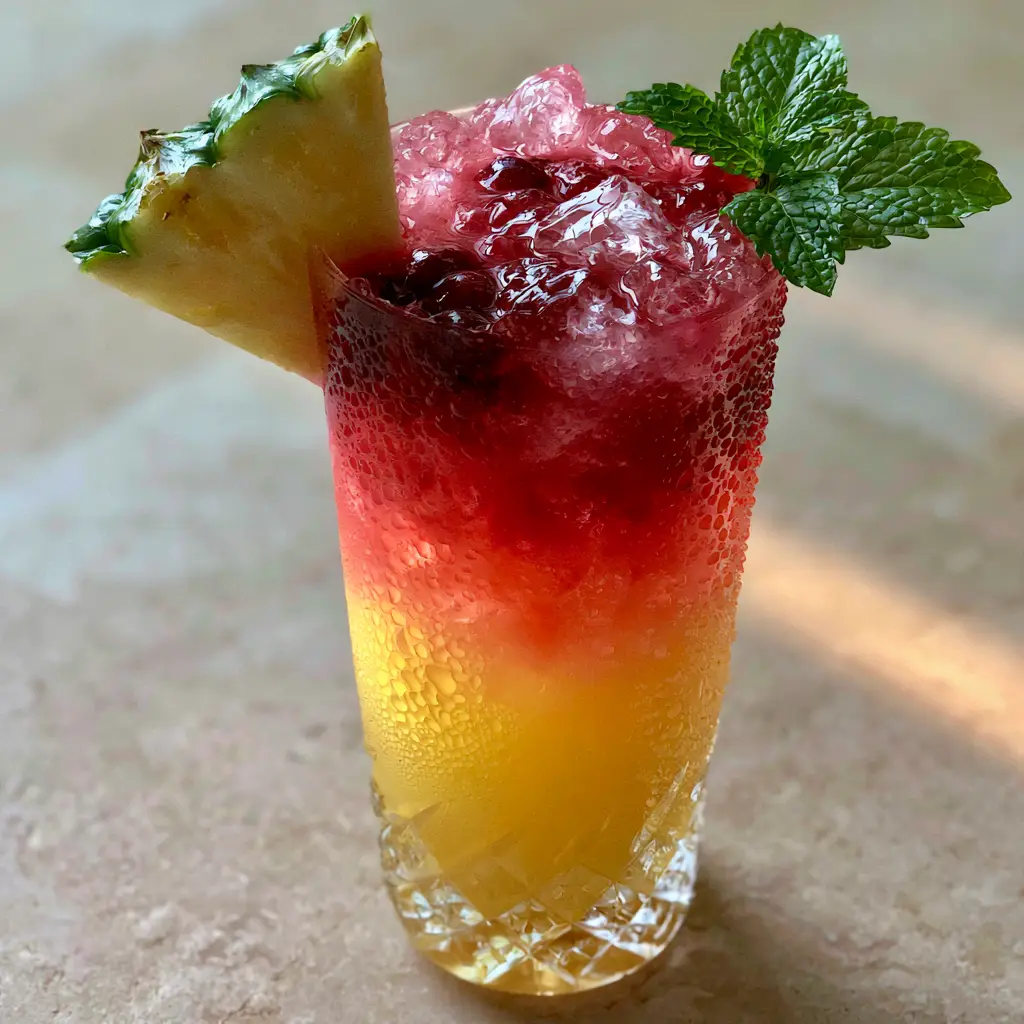 Close up of artisanal ice cubes and a fresh mint garnish on a Malibu Bay Breeze Cocktail.