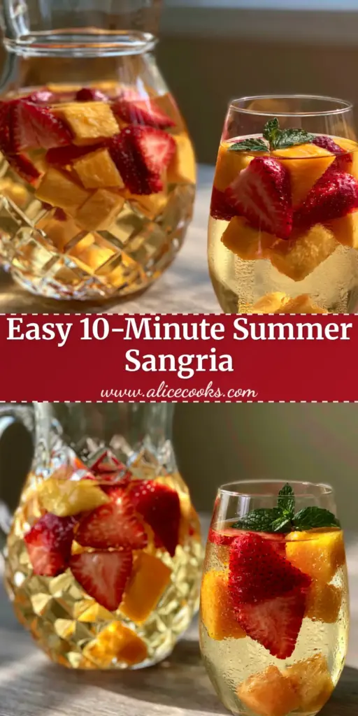 Strawberry Mango Sangria: The Ultimate Refreshing Summer Moscato Pitcher 4 A crystal pitcher and a stemless glass filled with Strawberry Mango Sangria on a wooden table with soft daylight.