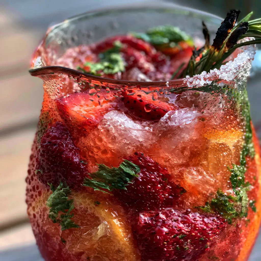 Fruity Summer Cocktail: The Ultimate Sparkling Strawberry and Charred Rosemary Spritz 1 Handheld photo of a fruity summer cocktail featuring a charred rosemary garnish and sugar-dusted glass rim.