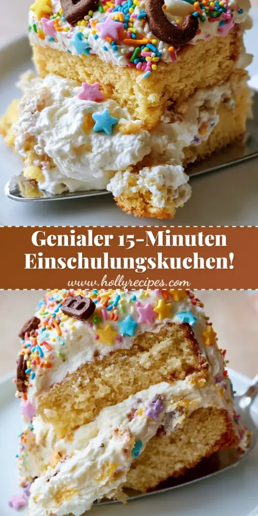 A tall slice of Einschulungskuchen featuring golden vanilla layers and thick whipped cream topped with sprinkles and ABC cookies.