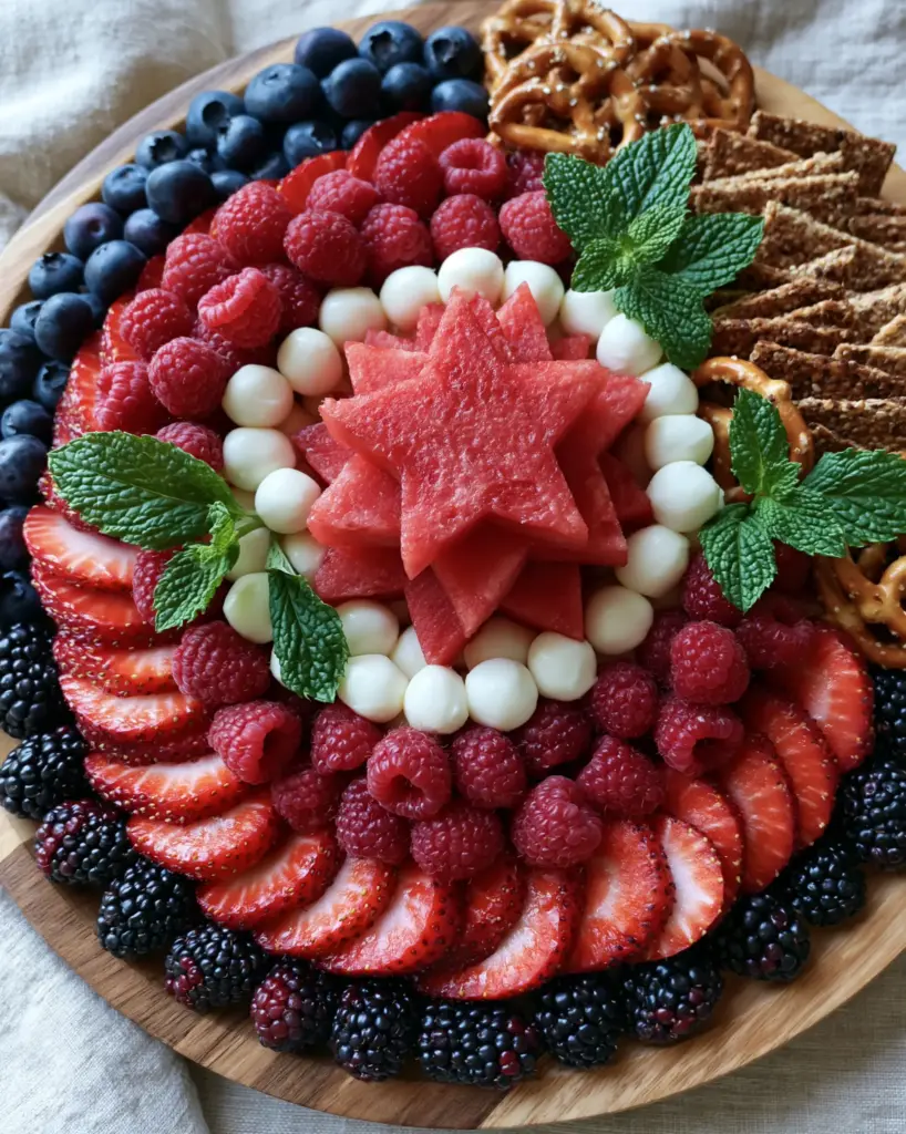 Close-up of watermelon stars and mozzarella pearls on a holiday snack board.