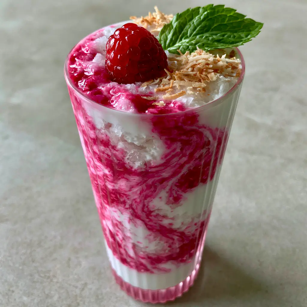 Close up view of the garnish on a Raspberry Colada Twist including mint and toasted coconut.