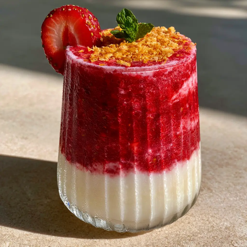 Strawberry Colada: The Ultimate Layered Tropical Escape 2 Smartphone photo of a strawberry colada on a stone table with glistening condensation on the glass. (strawberry colada)