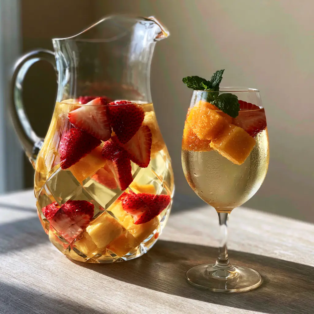 Strawberry Mango Sangria: The Ultimate Refreshing Summer Moscato Pitcher 2 Handheld photo showing suspended strawberry slices and mango cubes in a pale golden Strawberry Mango Sangria.