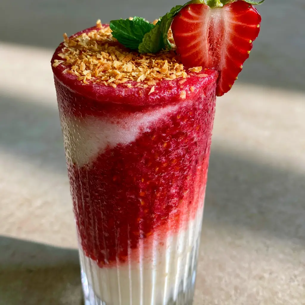 Strawberry Colada: The Ultimate Layered Tropical Escape 1 Close up of a luxury strawberry colada showing the texture of the toasted coconut and fresh mint sprig.