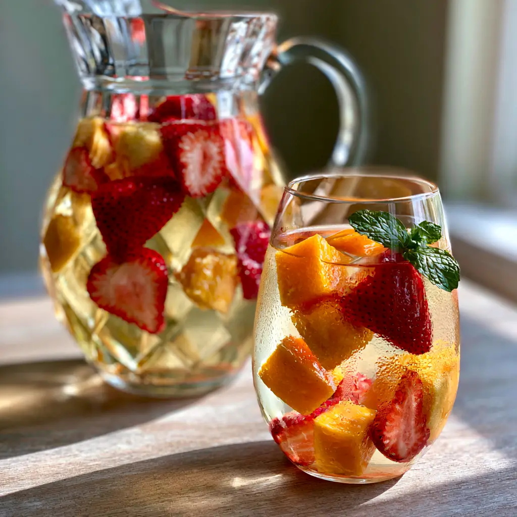 Strawberry Mango Sangria: The Ultimate Refreshing Summer Moscato Pitcher 1 Close-up of a stemless glass with Strawberry Mango Sangria showing natural condensation and a mint garnish.