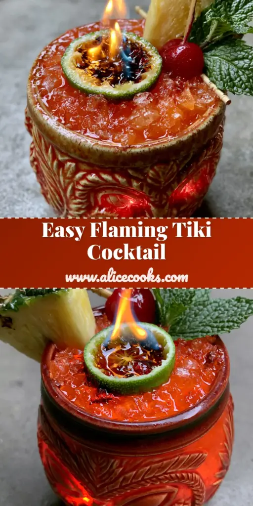 A vibrant orange-red rum cocktail in a ceramic tiki mug with a flaming lime garnish, pineapple, and mint. (The Tiki Torch cocktail)
