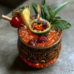 Close-up of The Tiki Torch cocktail featuring a glowing amber and blue flame inside a lime wheel on a concrete table.