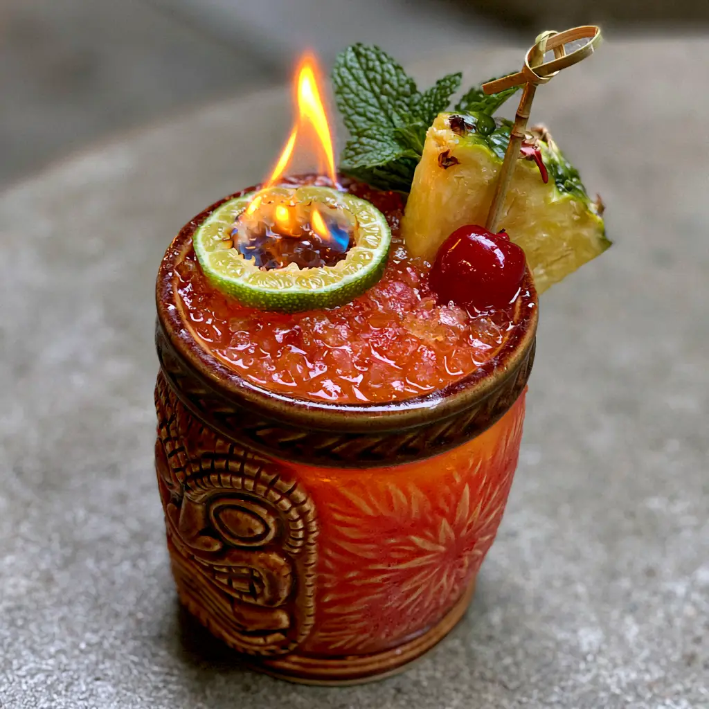 Side view of a ceramic tiki mug filled with crushed ice and The Tiki Torch cocktail, garnished with mint and pineapple.
