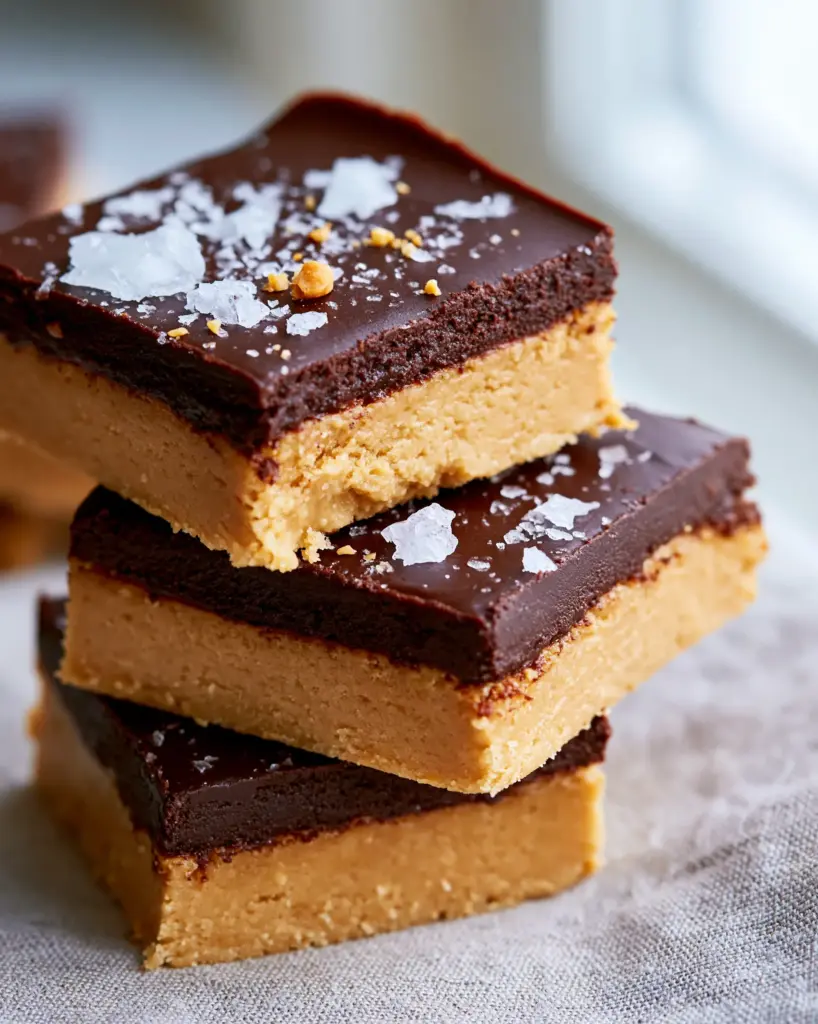 Extreme close-up of dark chocolate ganache with flaky sea salt on a peanut butter bar.