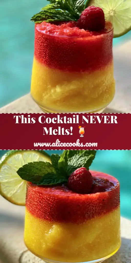 A vibrant layered frozen pool cocktail with mango slush and strawberry-raspberry puree in a ribbed glass on a poolside ledge. (pool cocktails)