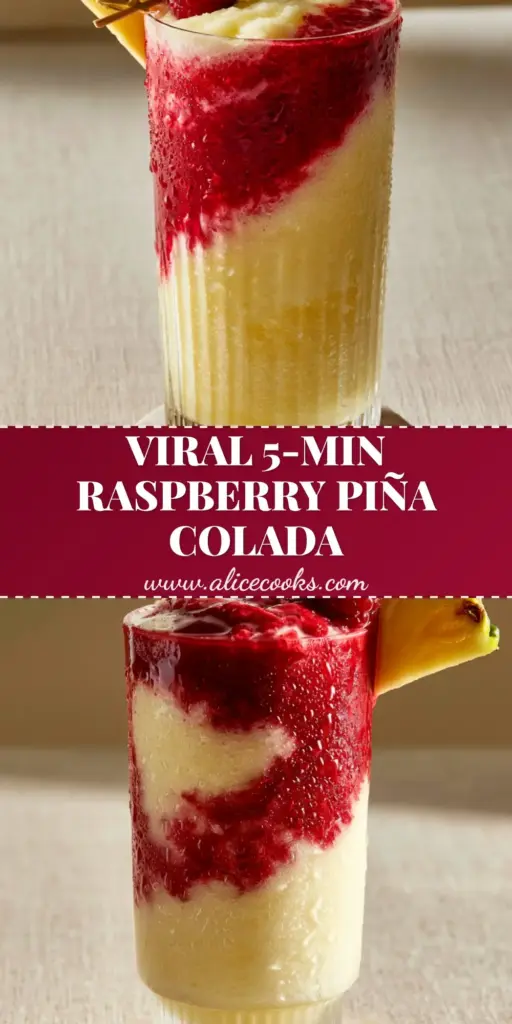 Raspberry Piña Colada: The Ultimate Swirled Frozen Tropical Drink 4 A tall ribbed glass filled with a frozen raspberry piña colada, featuring a red swirl and pineapple garnish.