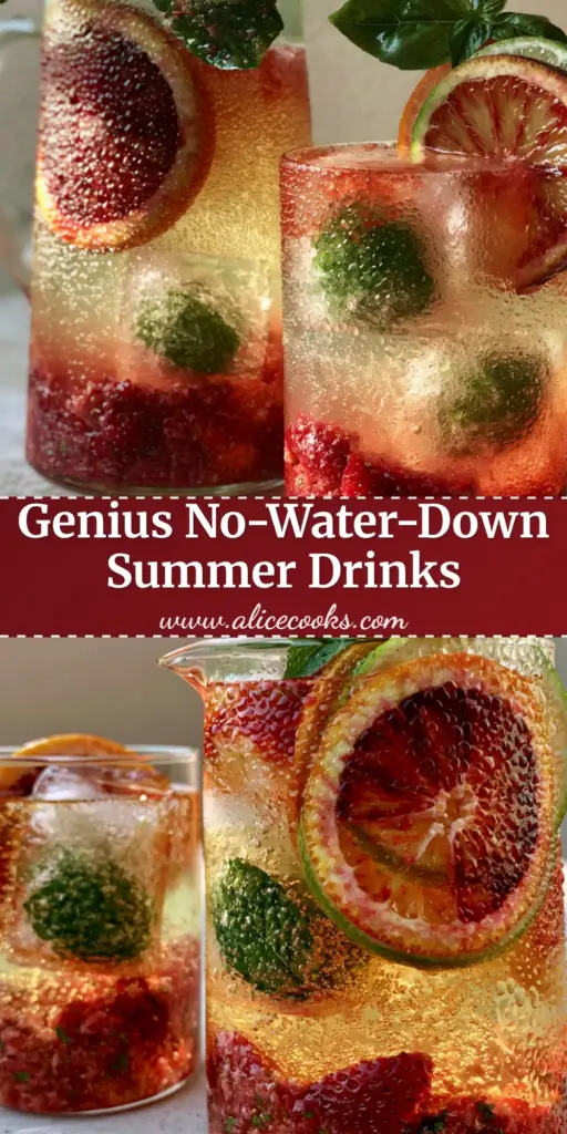 A tall glass pitcher of summer batch cocktails showing layers of crushed strawberries and sparkling lemonade with blood orange slices. (summer batch cocktails)
