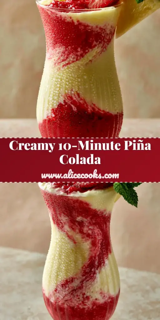 Strawberry Piña Colada Recipe: The Ultimate Creamy Layered Summer Drink 4 A creamy Strawberry Piña Colada in a ribbed glass with a crimson strawberry swirl, garnished with a mint sprig and pineapple wedge.