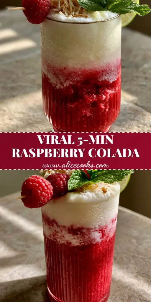A viral layered Raspberry Colada in a ribbed highball glass with crimson puree base and white coconut top, garnished with mint and toasted coconut.