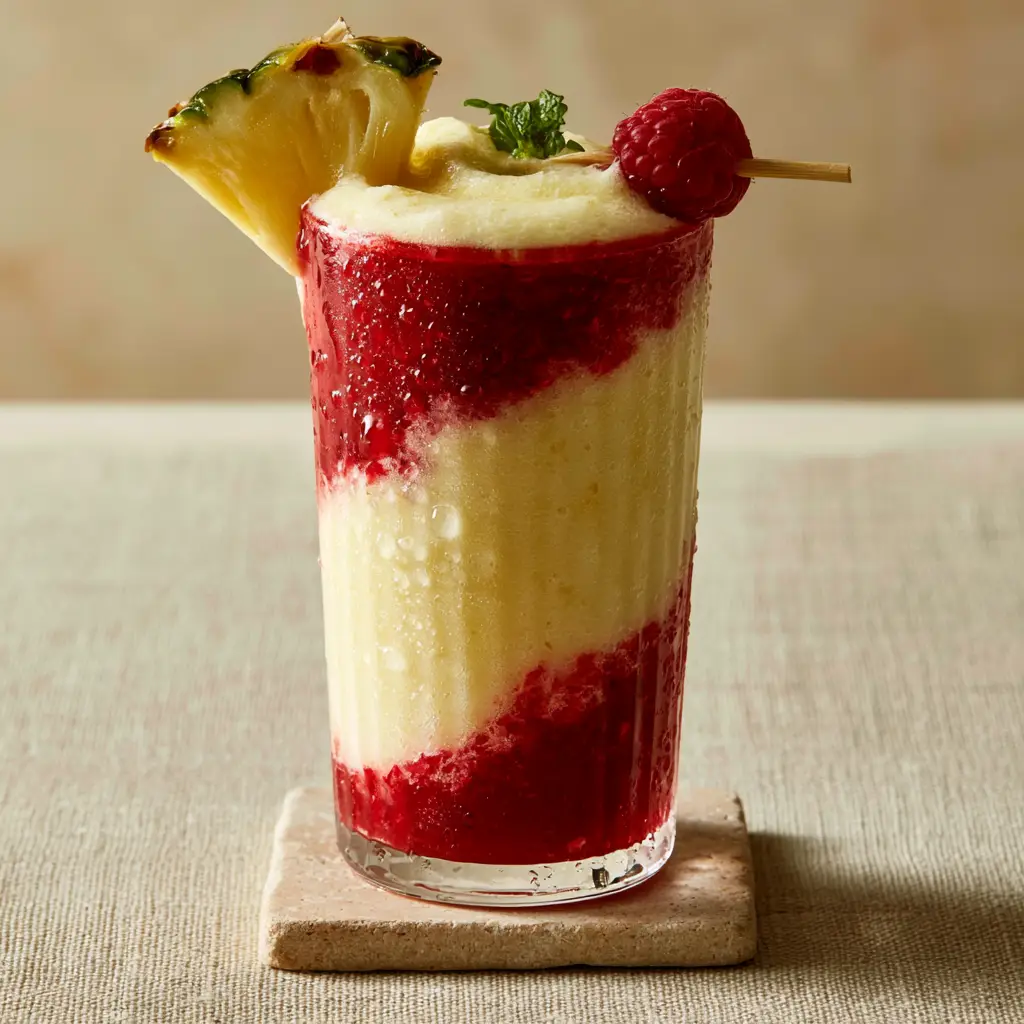 Raspberry Piña Colada: The Ultimate Swirled Frozen Tropical Drink 2 Thick velvety raspberry piña colada in a glass with condensation and tiny ice crystals.