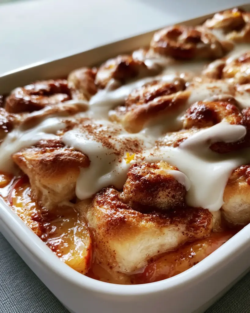 A 45-degree angle shot of peach cobbler cinnamon rolls showing the thick white cream glaze pooling in the crevices.