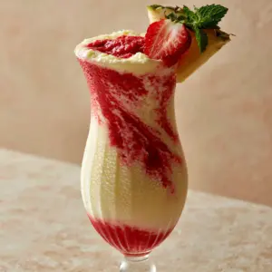Close-up of a Strawberry Piña Colada showing the condensation on a ribbed hurricane glass and the vibrant crimson swirl.