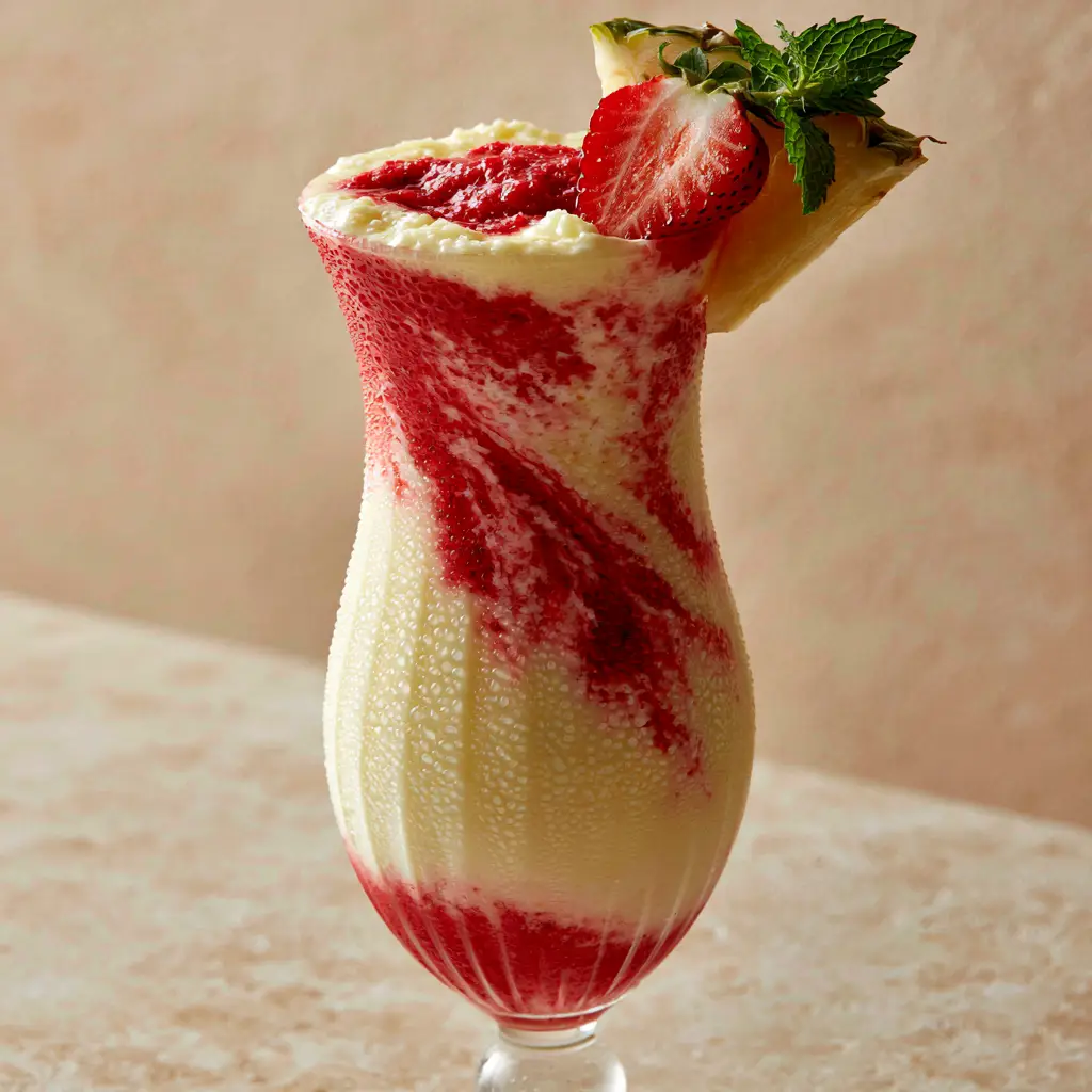 Strawberry Piña Colada Recipe: The Ultimate Creamy Layered Summer Drink 2 Close-up of a Strawberry Piña Colada showing the condensation on a ribbed hurricane glass and the vibrant crimson swirl.