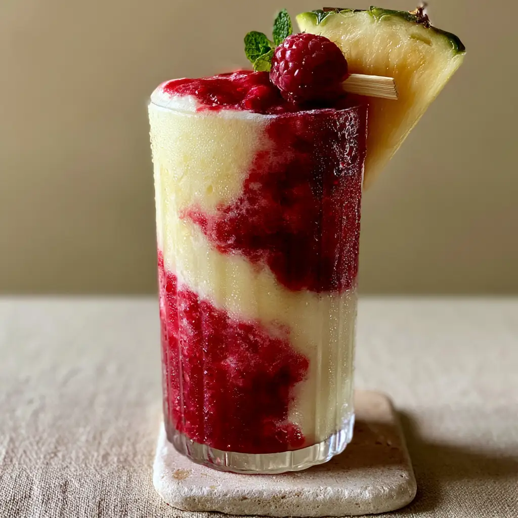 Raspberry Piña Colada: The Ultimate Swirled Frozen Tropical Drink 1 Side-lit photo of a raspberry piña colada showing the glossy ruby red puree and mint leaf garnish.