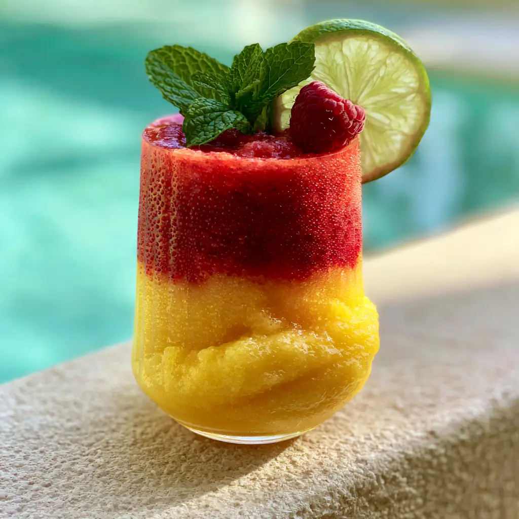 Close up of icy condensation on a ribbed glass containing a layered mango pool cocktail.