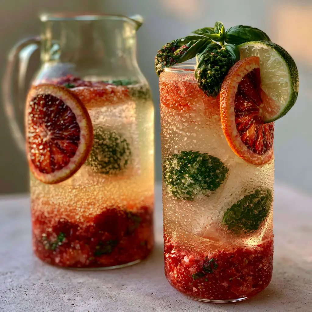 Tumbling blood orange and lime wheels pressed against a cocktail pitcher filled with strawberry lemonade summer batch cocktails.