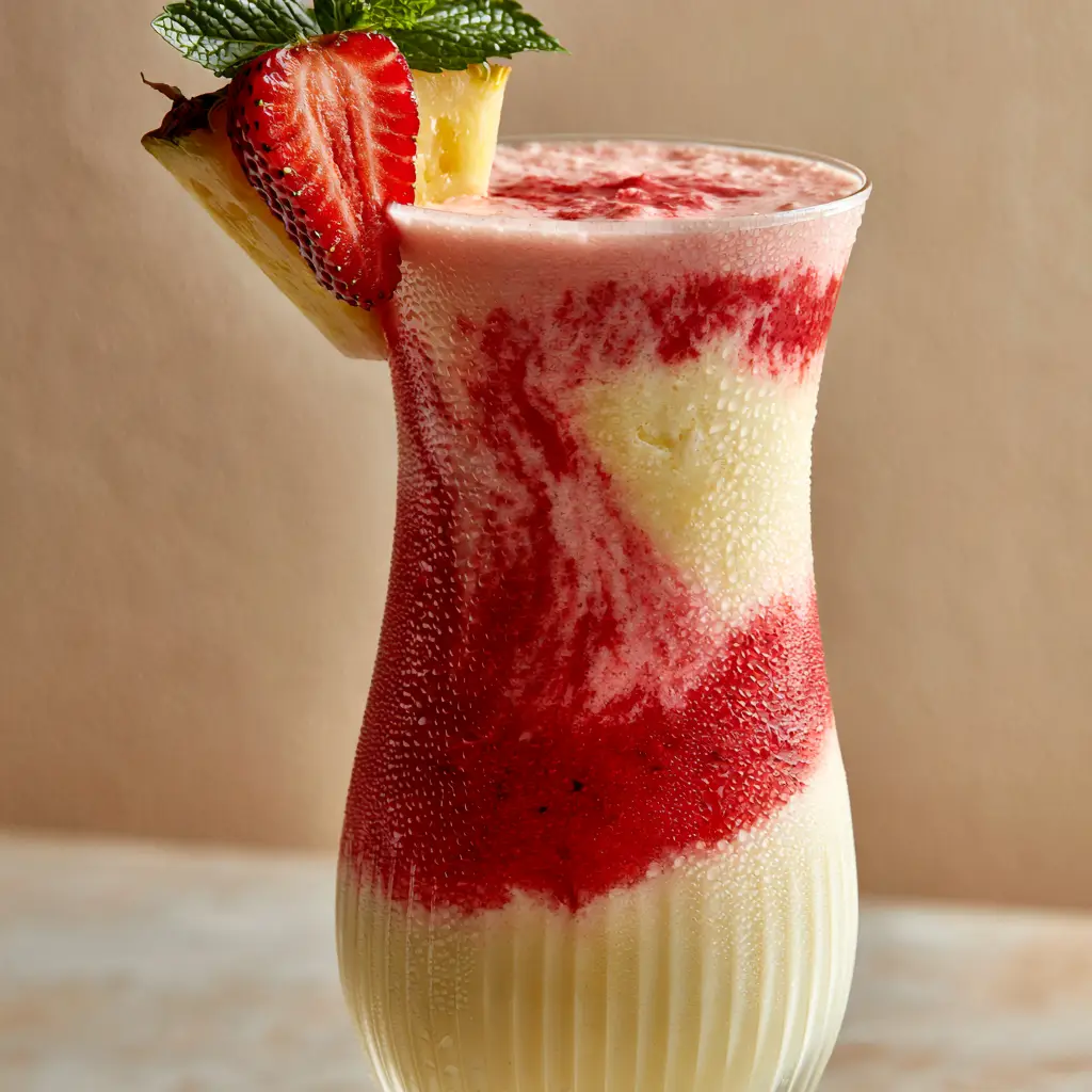 Strawberry Piña Colada Recipe: The Ultimate Creamy Layered Summer Drink 1 Top view garnish detail of a Strawberry Piña Colada with a fresh mint sprig, strawberry slice, and pineapple wedge.