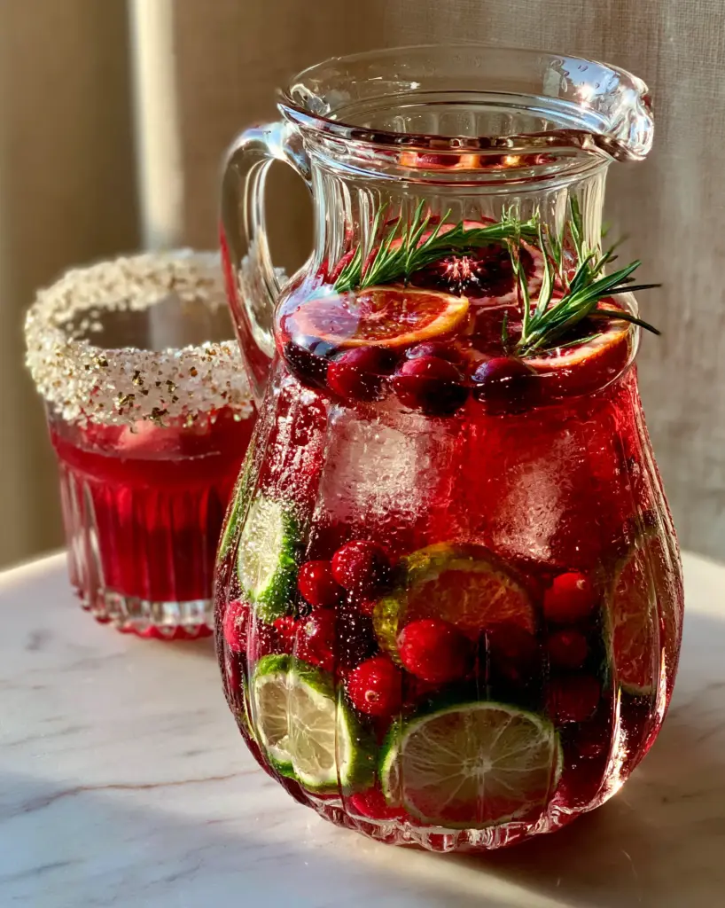 Top down view of a fluted pitcher containing a holiday margarita with floating blood orange slices and green rosemary sprigs.