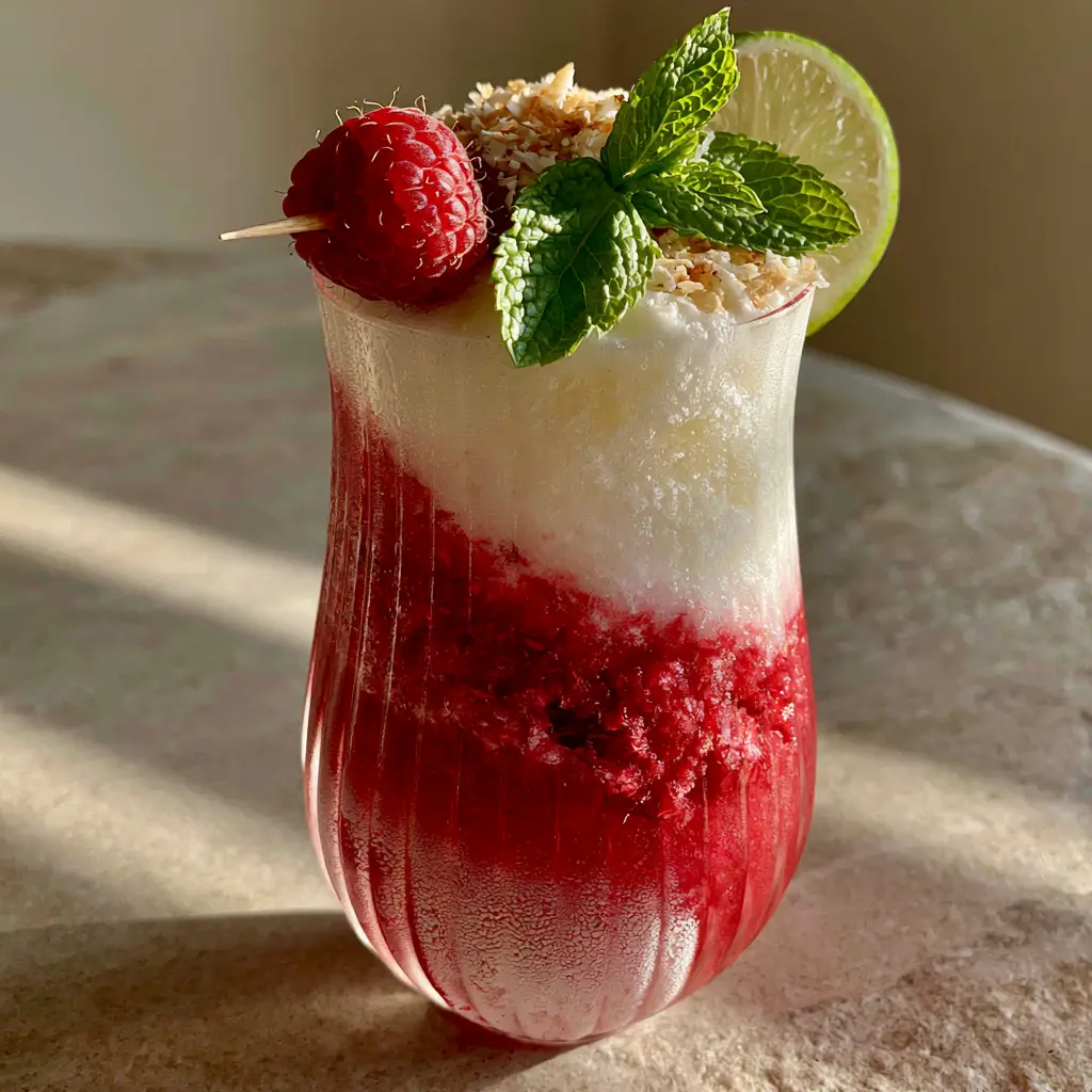Close up of the creamy white coconut pineapple slush layer on top of a Raspberry Colada with toasted coconut flakes.