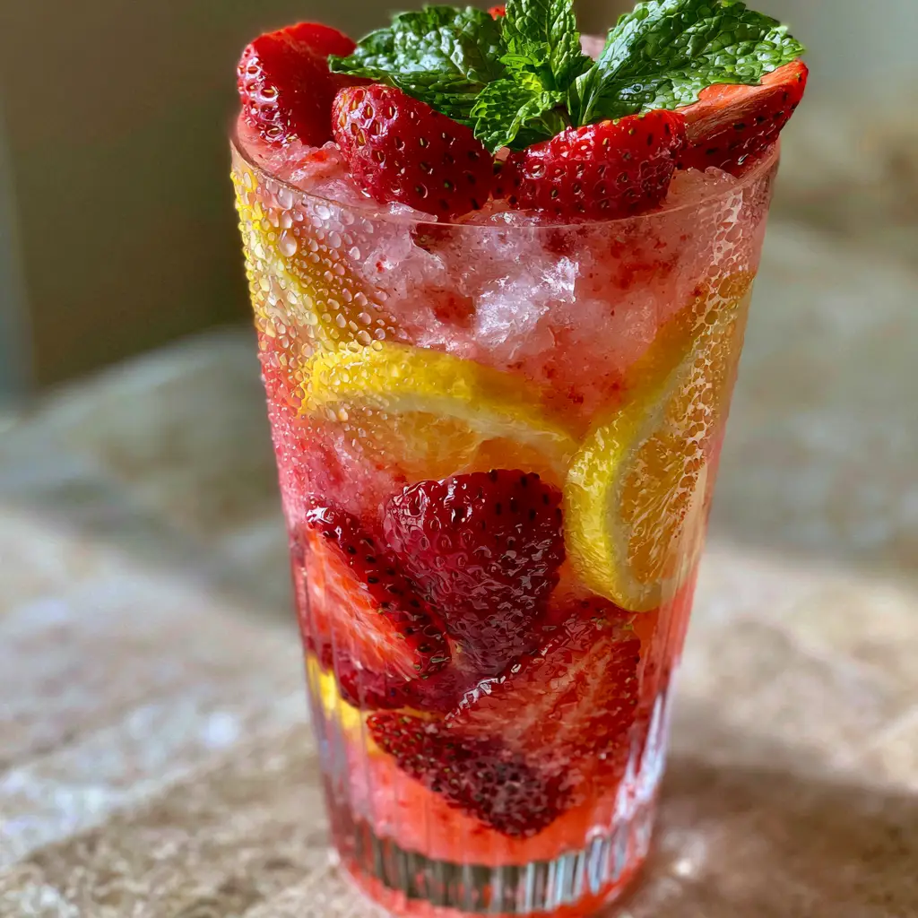 Strawberry Lemonade Recipe: The Ultimate Pulpy and Refreshing Summer Sipper 1 A refreshing glass of strawberry lemonade on a light stone countertop with natural morning light.